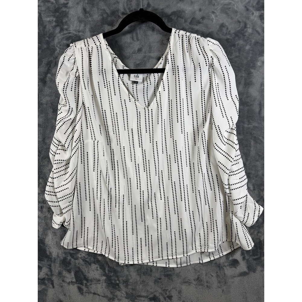 CAbi Blouse Womens XL White Heart Stripe V-Neck Puff Sleeve Woven Top